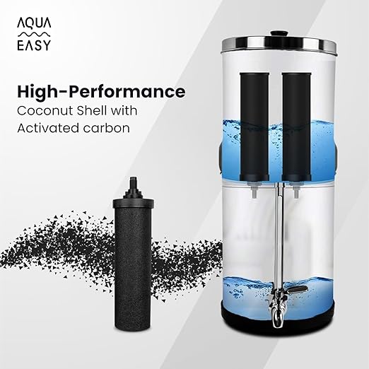 AquaEasy NSF/ANSI 372 Certified Stainless Steel Gravity Water Filter System (2.25 Gallon) 2X Activated Carbon Filter, Stainless Steel Tap and Wooden Stand | Countertop Water Filtration System (Black)
