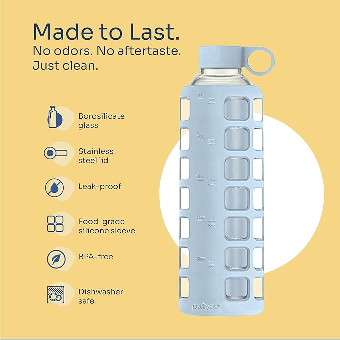 purifyou 40oz / 32oz / 22oz / 12oz Borosilicate Glass Water Bottle with Time & Volume Markers, Silicone Sleeve, Stainless Steel Lid | Reusable Glass Bottle for Water & Juice (32oz Ice Blue)