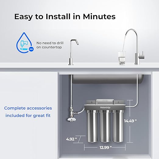 Waterdrop TST-UF-B 0.01 Micron Ultra-Filtration Under Sink Water Filter, 3-Stage Stainless Steel Under Sink Water Filtration System with Dedicated Faucet, 3 Filter Included (Drilling Required)