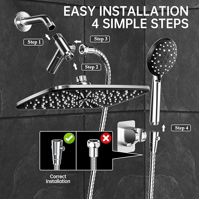 Veken 11.8 Inch Rectangle Rain Shower Head - Shower Heads with 6 Modes Handheld Spray Combo - Wide Rainfall shower with 70" Hose - 1.8gpm Dual Showerhead with Anti-Clog Nozzles - Chrome