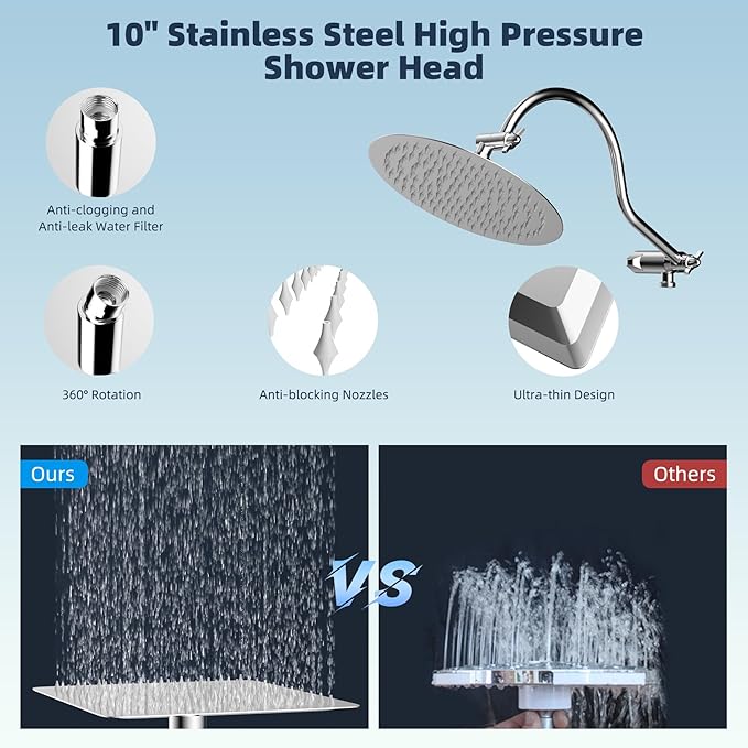 Hibbent All Metal Shower Head, 10'' High Pressure Rainfall Shower Head/Handheld Showerhead Combo with 12'' Adjustable Curve Shower Extension Arm, 10-Spray, 71'' Shower Hose, Shower Head Holder, Chrome