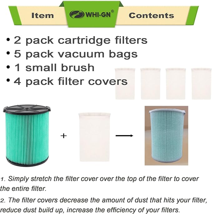VF6000 Filter Replacement for Rigid Shop Vac Filter 5-20 Gallon, 5-LAYER HEPA Cartridge 97457 + VF3502 Vacuum Bags 23743 2-LAYER High Efficiency for RIDGID 12-16 Gal Wet/Dry Vacuums (2FILTER + 5BAGS)