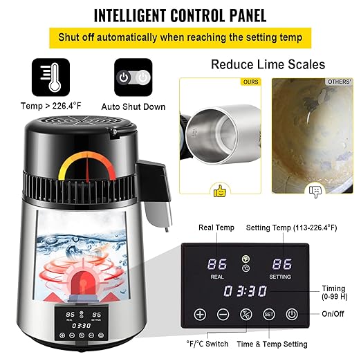 VEVOR Water Distiller, 304 Stainless Steel Countertop Water Stiller, 0.3Gal/H, 0-99H Timing Dual Temp Display, 1.1Gal Distilled Water Maker Machine, Glass Carafe, 3 Carbon Bags, Citric Acid Powder