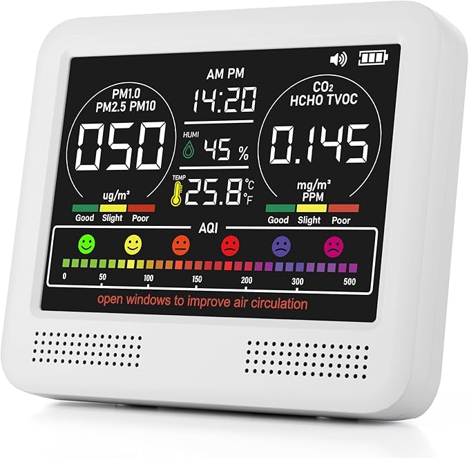 16-in-1 Indoor Air Quality Monitor with PM1.0,PM2.5,PM10,CO2,HCHO,TVOC,Temperature,Humidity,Time Display &7 AQI Alarms – Professional Air Quality Tester for Home, Office & Indoor Use (Creamy White)