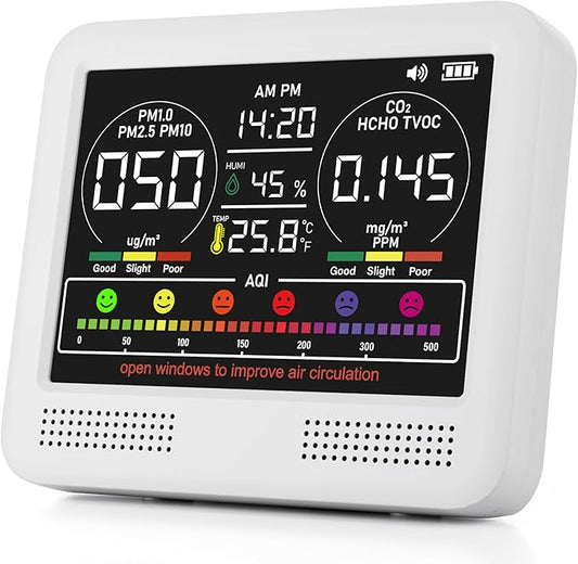 16-in-1 Indoor Air Quality Monitor with PM1.0,PM2.5,PM10,CO2,HCHO,TVOC,Temperature,Humidity,Time Display &7 AQI Alarms – Professional Air Quality Tester for Home, Office & Indoor Use (Creamy White)
