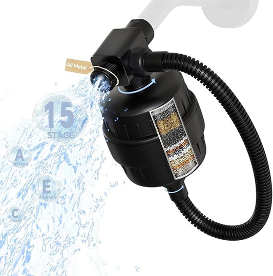 Universal 15 Stage Shower Head Filter for Hard Water, Dual ShowerHead Simultaneously Filtering, Suitable Majority Rain Rainfall Shower Head Combo, Easy Install - Matte Black