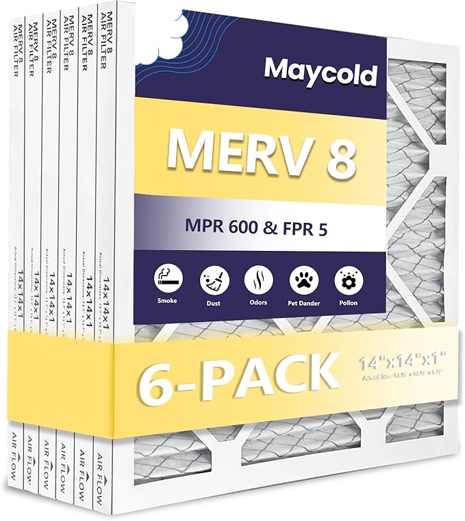 Maycold MERV 8 14x14x1 Furnace Air Filters (6-Pack), Pleated HVAC AC Filters – Actual Size 13.70” x 13.70” x 0.75”, For Residential or Office Use, Individually Wrapped in Plastic