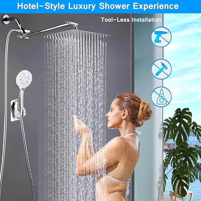 Shower Head, 10" High Pressure Rain shower head with Handheld Spray Combo, 6 Settings Handheld with 78" Anti-leak Hose, 11" Adjustable Extension Arm, Ultra Thin Water Saving, Chrome, AWAXFOLO