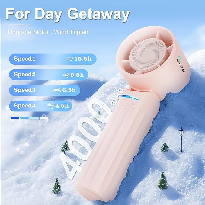 Handheld fan, adjustable blowing angle, mini portable turbo fan, USB Type-C rechargeable, infinitely variable speed high-speed personal fan, 11 Hours Battery Life (Pink)