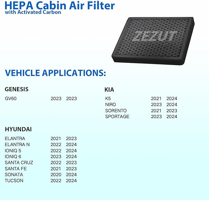 Cabin Air Filter CF12820 for 2021-2024 Hyundai Elantra, Santa Fe, KIA K5, Sorento, Ioniq 5/6, Santa Cruz, Sonata, Tucson, Niro, Sorento, Sportage, Genesis GV60, with Activated Carbon Beads