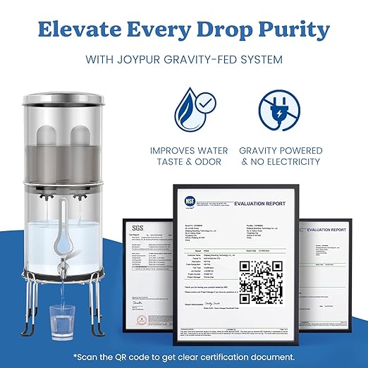 2.25G Gravity Water Filter System with New Water Level Window, 3-Stage 0.01μm Ultra-Filtration Stainless Steel Countertop System with 2 Ceramic Filters and Stand, Reduce 99.9% Chlorine