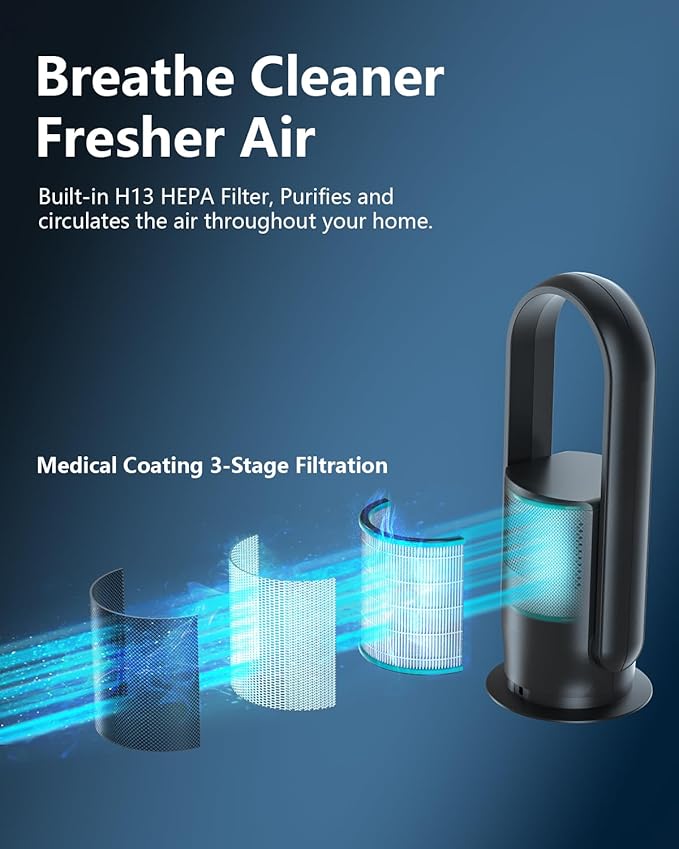 ULTTY Bladeless Tower Fan and Air Purifier in one, 90° Oscillating Bladeless Fan with Remote, Touch, 8H Timer, Floor Fans for Bedroom Whole Room Home Office R021, Black