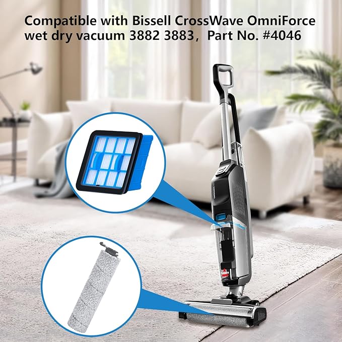 3882 Crosswave OmniForce Replacement Roller & Filters Compatible for Bissell Wet Dry Vacuum Cleaners (Models 3882/3883/3967F/3970F) - 4 Filters, 2 Rollers & 1 Cleaning Brush Included
