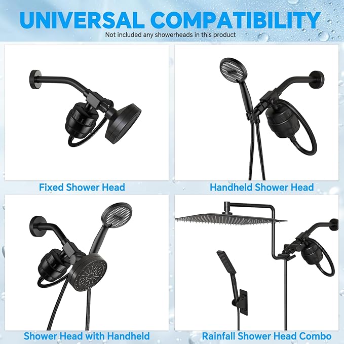 Universal 15 Stage Shower Head Filter for Hard Water, Dual ShowerHead Simultaneously Filtering, Suitable Majority Rain Rainfall Shower Head Combo, Easy Install - Matte Black