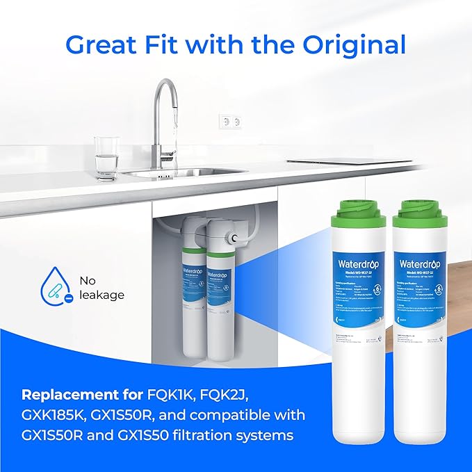 Waterdrop FQK2J Under Sink Water Filter, Replacement for GE FQK2J, FQK1K, 1350 Gallons Dual Flow Drinking Water Replacement Filters (2 Count)