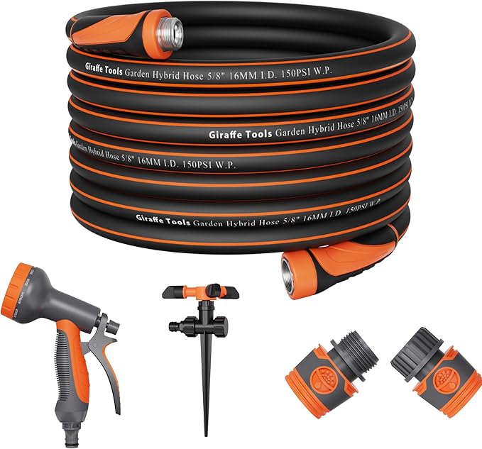 Giraffe Tools Garden Hose 100ft x 5/8", Water Hose Heavy Duty with 10-Pattern Nozzle, Ground Sprinkle, Flexible, Lightweight Hybrid Hose with Swivel Handle, Male to Female Fittings, Burst 600 PSI