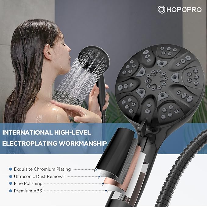6-Mode High Pressure Handheld Shower Head Set, Consumer Reports Recommended HOPOPRO High Flow Hand Held Showerhead with 59 Inch Hose Bracket Teflon Tape Rubber Washers