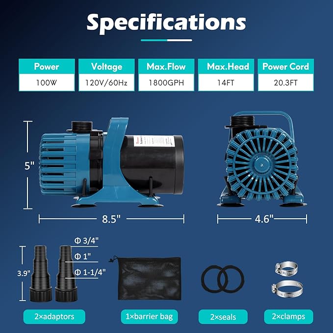 100W 1800 GPH Pond Pump for outdoor Ponds and Water Garden, Ultra-Quiet Fountain Pump with 180° Adjustable Outlet, 20FT Cord & Barrier Bag, Waterfall Pump, UL Listed