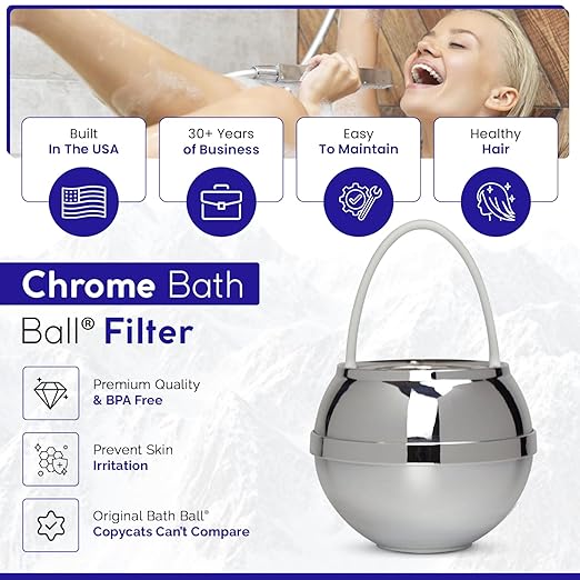 Crystal Quest Bath Ball Water Filter for Bathtub - 3-Stage Filtration, Removes Chlorine, Chloramine & Byproducts, 2,500 Gallons, BPA Free, pH Balanced Water, Fits Most Tubs, Easy Install - Chrome