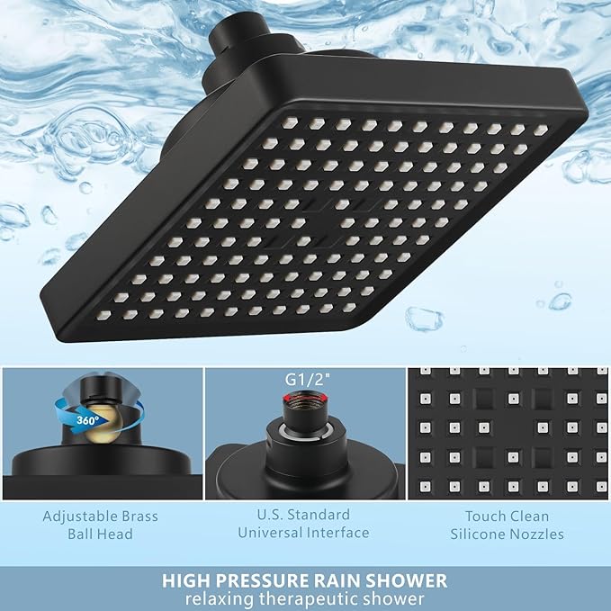 High Pressure Rain Shower Head with Filtered - 6" Square Showerhead Filter for Remove Chlorine and Harmful Substances, Improve Hair and Skin Problems, Matte Black