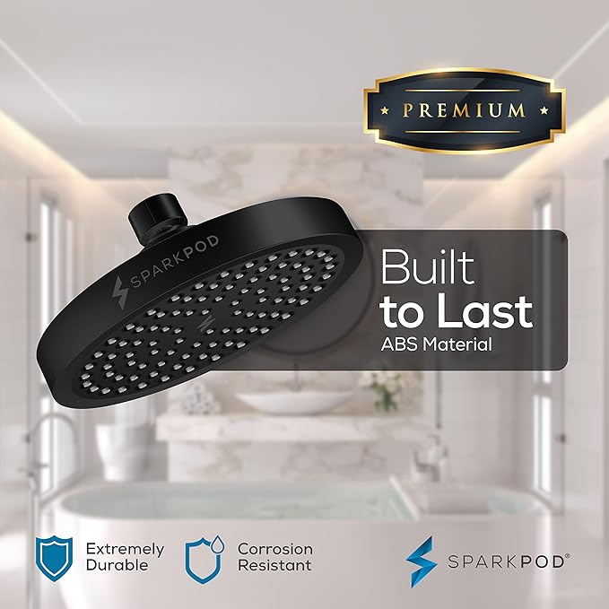 SparkPod Round Rain Shower Head with Shower Head Extension Arm - High Pressure Rain - Luxury Modern Look - No Hassle Tool-less 1-Min Installation (16" Shower Arm Extension, Midnight Black Matte)