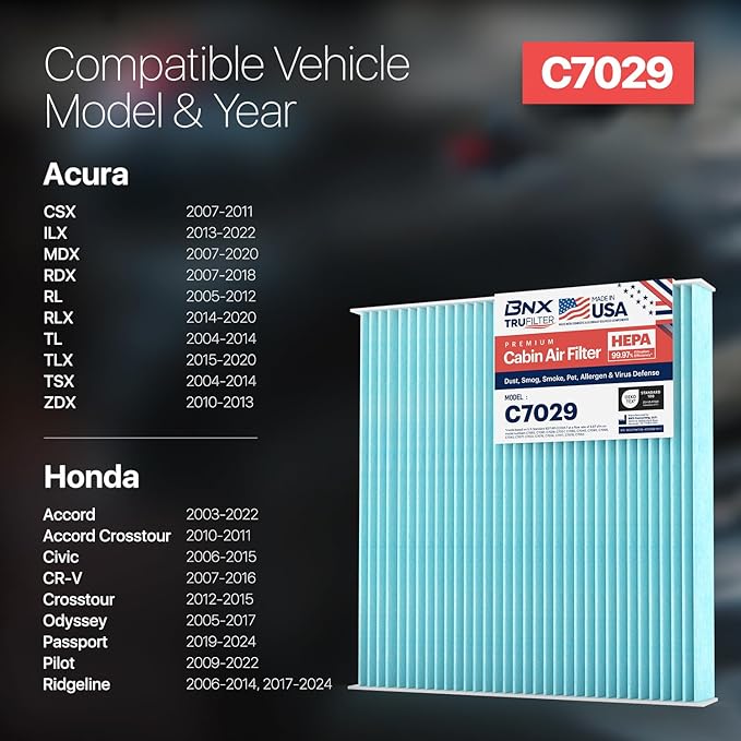 BNX TruFilter C7029 Cabin Air Filter, HEPA 99.97%, Compatible With Honda: Accord, Civic, Crosstour, CR-V, Odyssey, Passport, Pilot, Ridgeline; Acura: ILX, MDX, RDX, RL, RLX, TL, TLX, TSX, ZDX, CSX