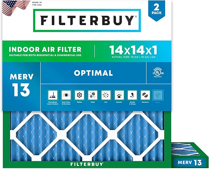 Filterbuy 14x14x1 Air Filter MERV 13 (MPR 1900) Health Defense Replacement (2-Pack), Electrostatic Pleated HVAC AC Furnace Filters, Made in USA (Actual Size: 13.75 x 13.75 x 0.75)