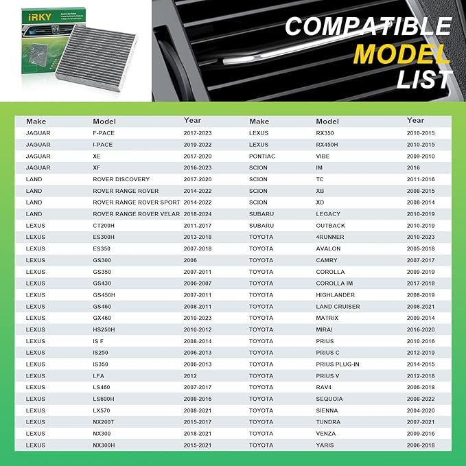 CF10285 Cabin Air Filter with Activated Carbon Compatible with Subaru Toyota Camry 4Runner Rav4 Lexus Pontiac Scion Jaguar Land Rover CP285