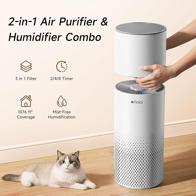 Afloia Humidifier and Air Purifier in One, Air Purifier and Evaporative Humidifier Combo for Home, 24dB Quiet Air Cleaner Remove Pets Dust Dander Hair Allergy Pollen Smoke Smell for Room