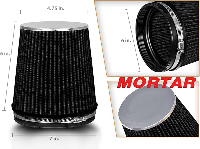 Mortar Aftermarket Auto Air Filter – 6 In Flange ID Car Enthusiast Class Universal Cold Air Intake Gulps in More Air for More Engine Power & Passionate Induction Sound, Length 6 In, Black
