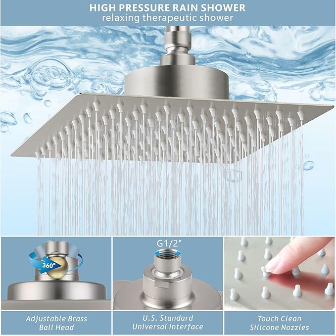 Large Rain Shower Head with Filtered - 12" All Metal Square Rainfall Showerhead Filter for Remove Chlorine and Harmful Substances, Brushed Nickel