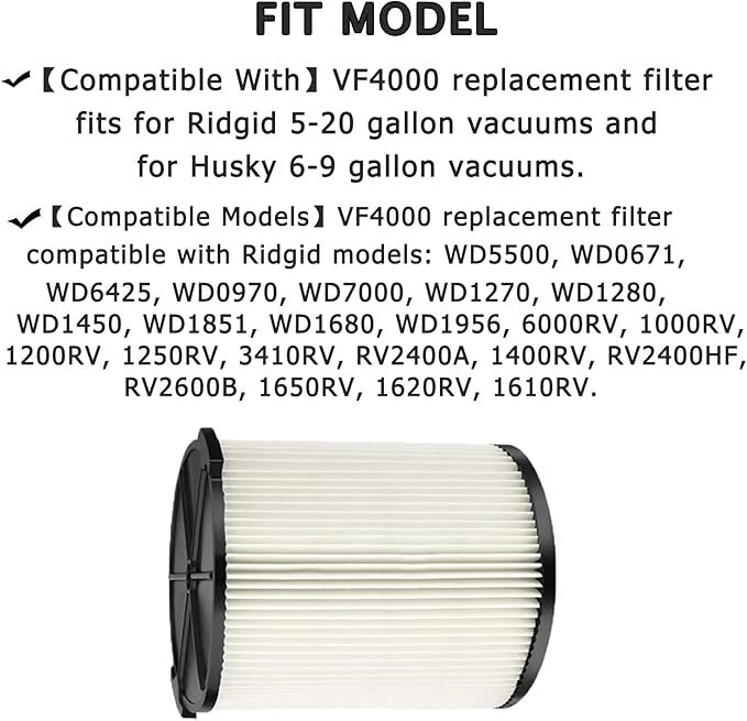 2 Pack vf4000 Filter for Ridgid Shop Vac 5-20 Gallon Wet/Dry Vac, also Fit for Husky 6-9 gallon Vacuum, with 4x Foam Sleeve
