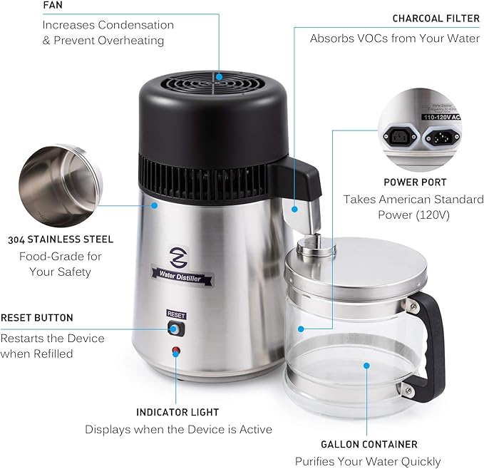 CO-Z Water Distiller 4L Distilled Water Maker with Glass Pot, Brushed 304 Stainless Steel Home Countertop Distiller Water Machine, Distilling Water Purifier Distillers to Make Clean Water