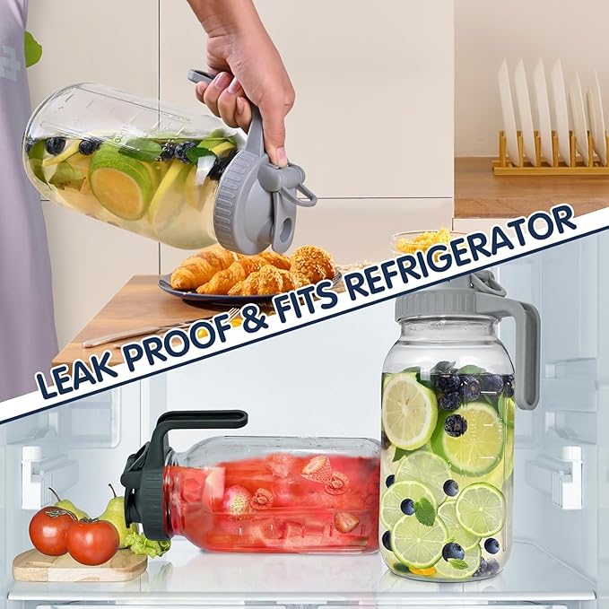 Glass Pitchers with Lid, Set of 2, Wide Mouth Water Jugs 64OZ Leak-Proof Airtight Mason Jars for Cold Brew Coffee, Iced tea, Milk, Food Storage, Sun Tea Jar., Black