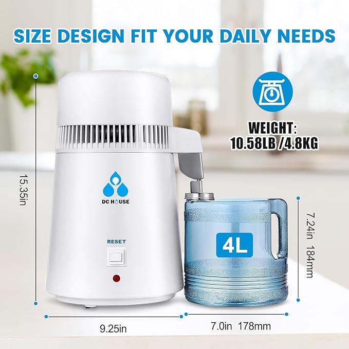 DC HOUSE 1 Gallon Water Distiller Machine, 750W 4L Pure Distilled Water Maker Machine for Home Countertop Table Desktop, Drinking Purifier for Home Kitchen CPAP Hmidifiers with Pastic Container
