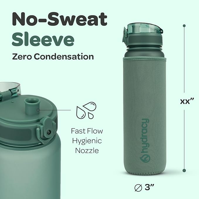 Hydracy Water Bottle with Time Marker -Large BPA Free Water Bottle & No Sweat Sleeve -Leak Proof Gym Bottle with Fruit Infuser Strainer & Times to Drink -Ideal for Fitness Sports & Outdoors