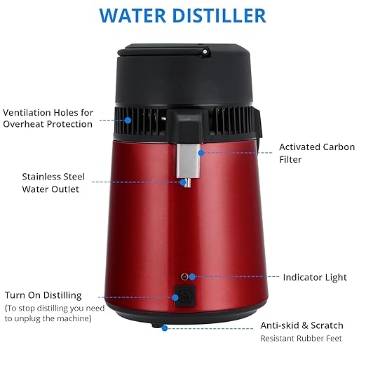 4L Water Distiller,Household Stainless Steel Distilled Water Purifier,Countertop Distilled Water Maker,4 Litre Distilled Water Machine for Home.Red.