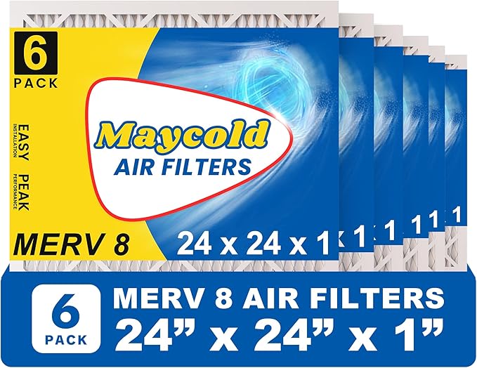 Maycold 24x24x1 MERV 8 Furnace Air Filters (6-Pack), Pleated HVAC AC Filter for Home or Office – Traps Dust, Lint & Pet Hair, Actual Size 23.70 x 23.70 x 0.75，Individually Wrapped in Plastic