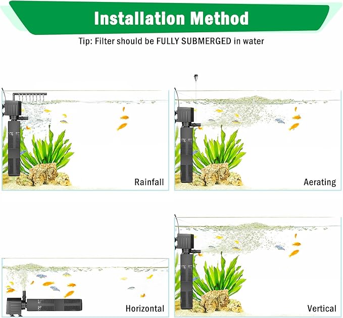 AQQA Aquarium Filter, 3-Stage Filtration, Adjustable Wave Maker & Oxygenator, Quiet 18W 164GPH Submersible Pump, Easy Clean Sponge Filter, for 50 Gallon Freshwater Saltwater Fish Tank 110V/60Hz