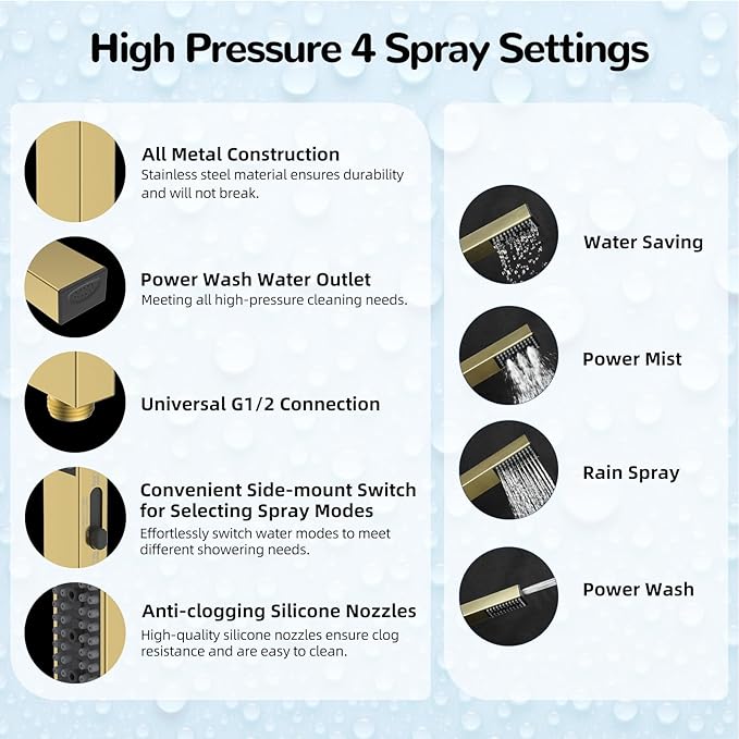 Hibbent All Metal 10'' Rainfall Shower Head, Shower Head Combo, High Pressure Handheld Shower Wand, 4 Sprays, 16'' Adjustable Arc-shaped Extension Arm, 71'' Hose, Showerhead Holder, Brushed Gold