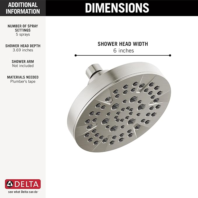 Delta 6-Setting Chrome Shower Head with High Pressure Spray, 6 Inch Round Shower Head, Showerheads, 1.75 GPM Flow Rate, Chrome 52535
