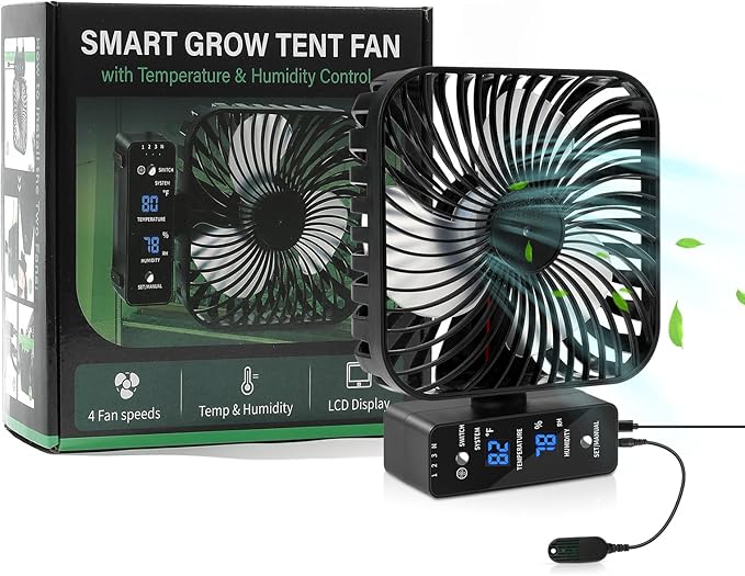 Grow Tent Fan 6”, LCD Display with Sensor, Adjustable Temp & Humidity Control, 4-Speed, 90° Oscillating Fan, Strong Airflow for Indoor Growing, Mushroom Box, Desk Use