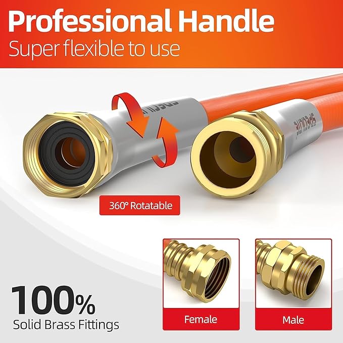 Garden Water Hose 5 ft x 5/8 in, Heavy Duty Leader Pipe Extension, Flexible, Lightweight Kink-less,Hybrid Rubber, with 3/4" Brass Fittings, Orange