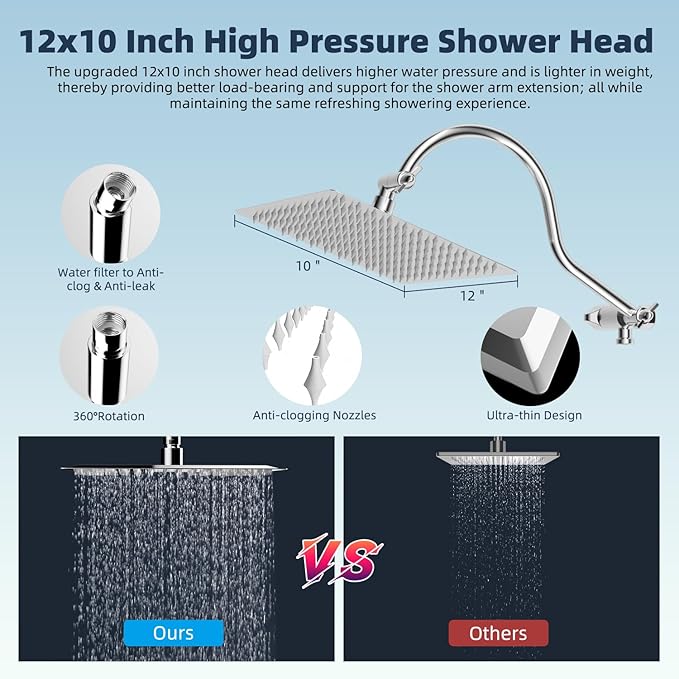 Hibbent All Metal 12'' Dual Filtered Rainfall Shower Head Combo, High Pressure Handheld Shower Head with 12'' Adjustable Curved Extension Arm, 20 Stage Shower Filter, 10-spray, 71'' Hose, Chrome