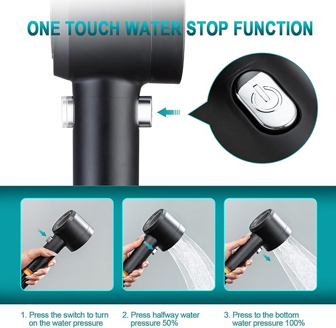 High Pressure Showerhead with Filters, Filtered Shower Head Handheld with ON/OFF Switch,Extra Long 79-inch Hose and Adjustable Angle Bracket Extra Low-Reach Adhesive Wall Mount for Kids (black)