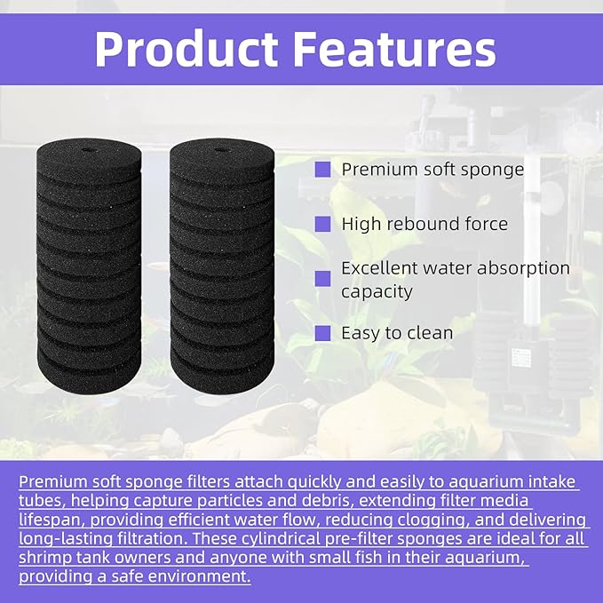 4pcs Filter sponges for Fish Tank Sponge Filter, Ultra Silent Filter for Impurities with Biofilter Media Balls and 4pcs Large Suction Cups for Aquariums
