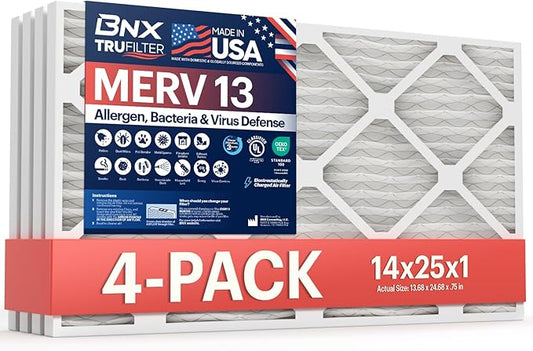BNX TruFilter 14x25x1 Air Filter MERV 13 (4-Pack) - MADE IN USA - Electrostatic Pleated Air Conditioner HVAC AC Furnace Filters for Allergies, Pollen, Mold, Bacteria, Smoke, Allergen, MPR 1900 FPR 10