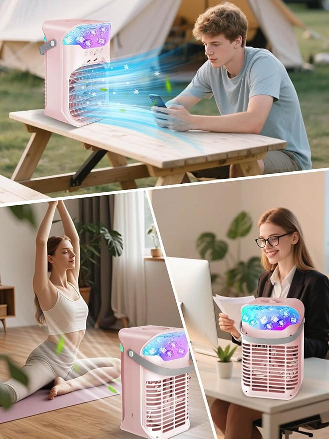 Portable Air Conditioner, 1500ML, Removable & Washable Fan Blades, Timer Function, 4 Speeds, 2 Cool Mists, 7-Color Light, Personal Evaporative Air Cooler for Home, Office, Bedroom, and Camping-Pink