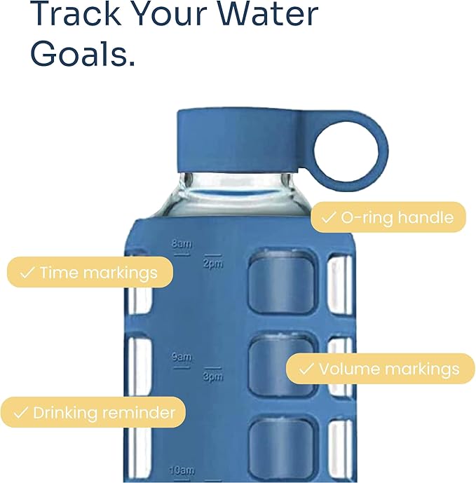 purifyou 40oz / 32oz / 22oz / 12oz Borosilicate Glass Water Bottle with Time & Volume Markers, Silicone Sleeve, Stainless Steel Lid – Reusable Glass Bottle for Water & Juice (32oz Chinese Porcelain)