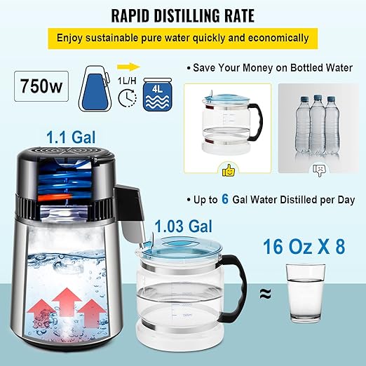 VEVOR Water Distiller, 304 Stainless Steel Countertop Water Stiller, 0.3Gal/H, 0-99H Timing Dual Temp Display, 1.1Gal Distilled Water Maker Machine, Glass Carafe, 3 Carbon Bags, Citric Acid Powder